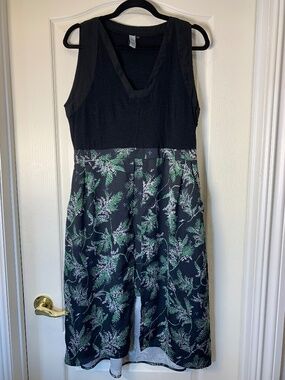 Three Stones Botanical Pocket Dress | Black Sleeveless High Low Midi Dress L